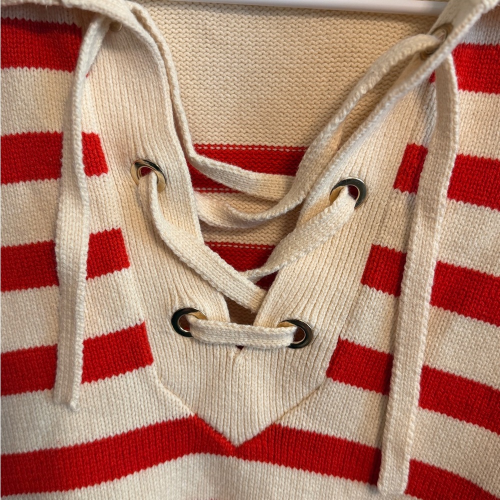 Marled Cream and Red Knit Sweater Tie Front Women Sweater Longer Cropped Length - Picture 2 of 5